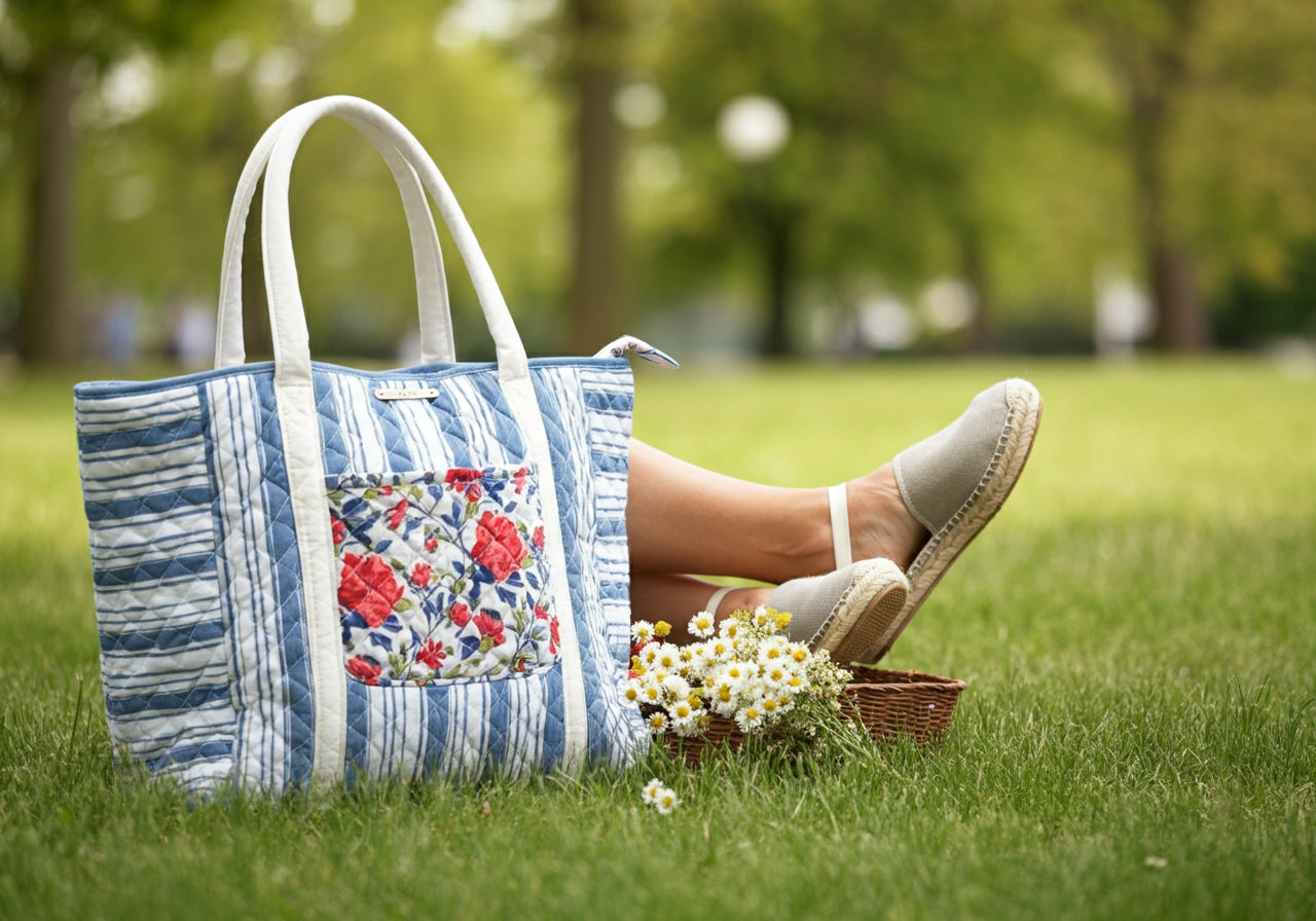 Quilted Striped Tote Bag with Floral Pocket