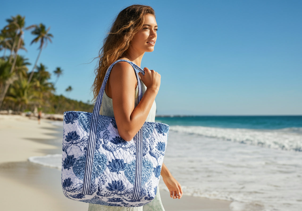 Quilted Botanical Print Beach Tote